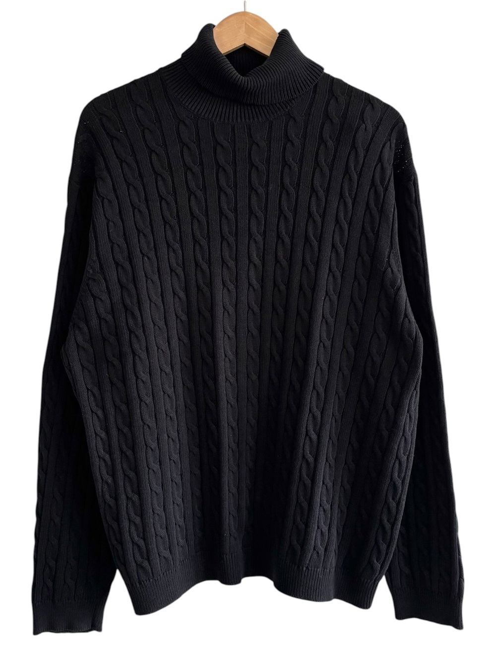 100% Cotton Black Cable Knit Loose Turtleneck Sweater